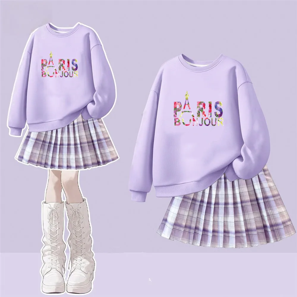 Mädchen-Herbst-Preppy-Kleidungsset, Sweatshirt mit Eiffelturm-Print + Faltenrock mit Karomuster, Teenager-Kleidungsset, 3-14 Jahre