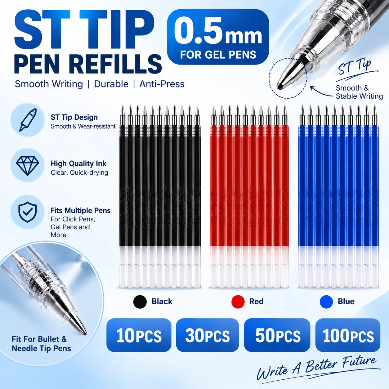 10Pcs/30Pcs/50Pcs/100Pcs Black Red Blue 0.5mm ST Tip Pen Refills Quick Dry Ink For Retractable Click Pens School Office Writing