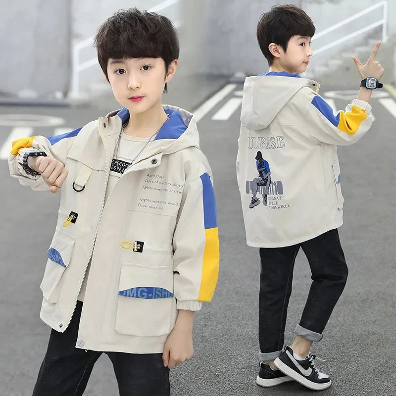 

Spring Autumn Jacket For Boys Children's Coat Fashion Hooded Letters Print Patchwork Outerwear Teenager Clothes 2024 New 120-170