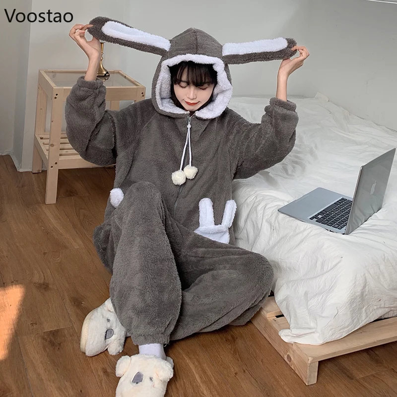 Sweet Bunny Hooded Onesies Women Pajamas Cute Pijama Winter Warm Sleepwear Kawaii Female Nightwear Pyjamas Jumpsuit Homewear