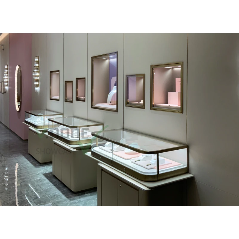 

Customize.Luxury Glass Showcase Display Cabinet Jewelry Stores Stand Alone Jewellery Shop Counter Kiosks with Lighting f