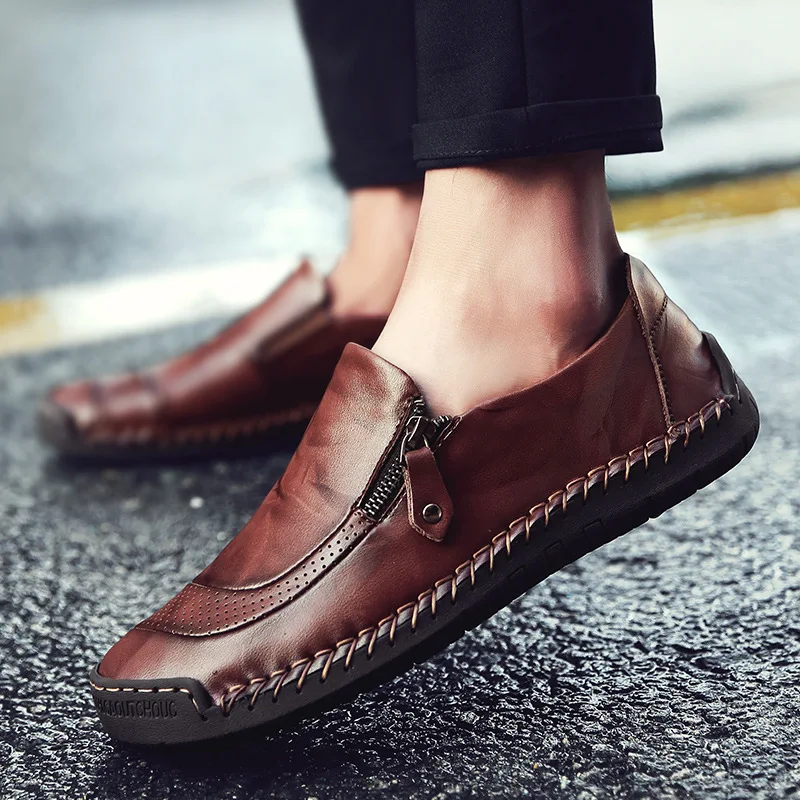 Men's Casual Leather Shoes Borwn Flats Loafers Summer Breathable Soft Leather Shoes for Men Work Footwear Zip Sewing Big Size