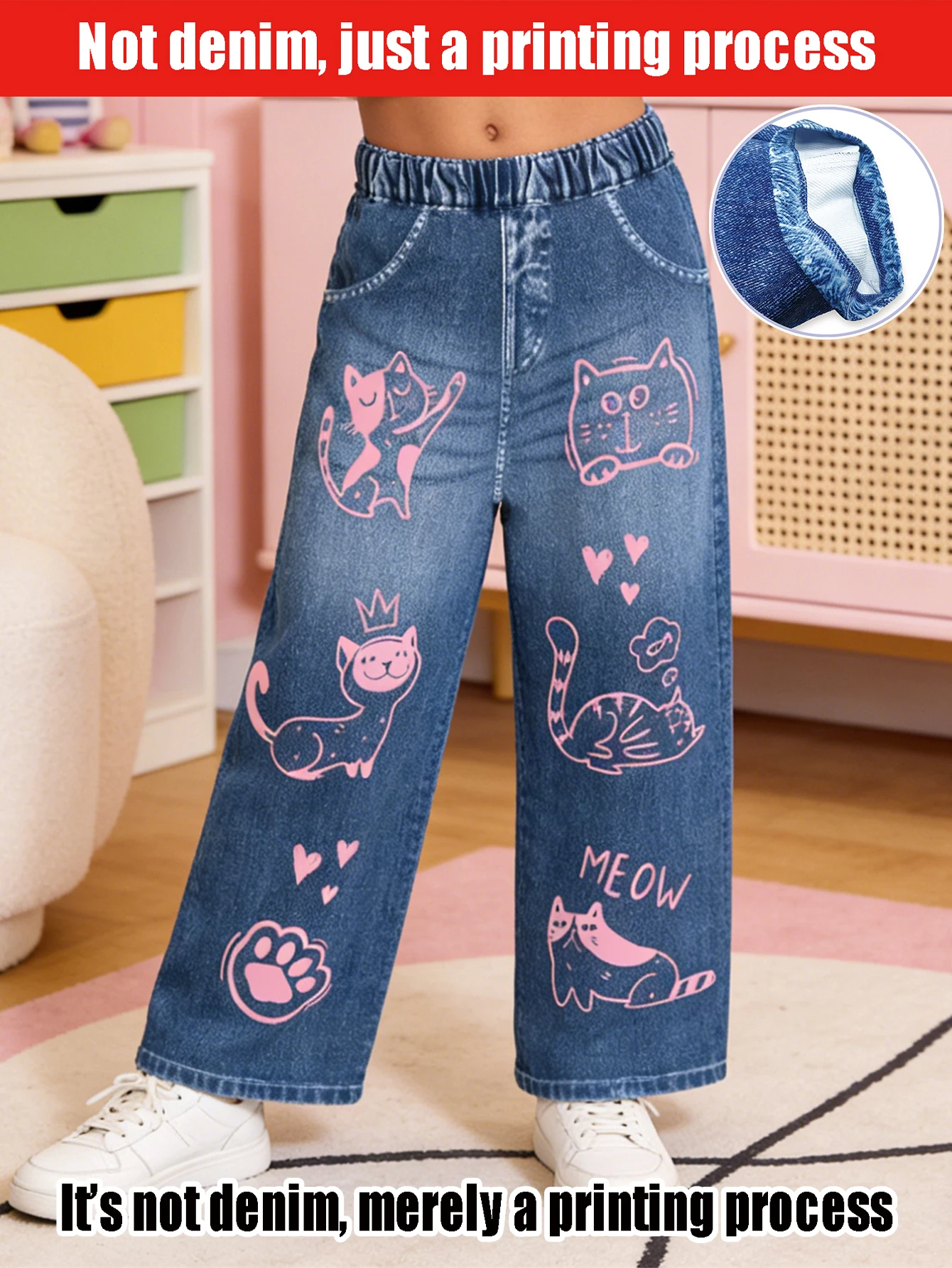 

2026 children's cartoon kitten simulation jeans, children's back-to-school casual fashion trousers