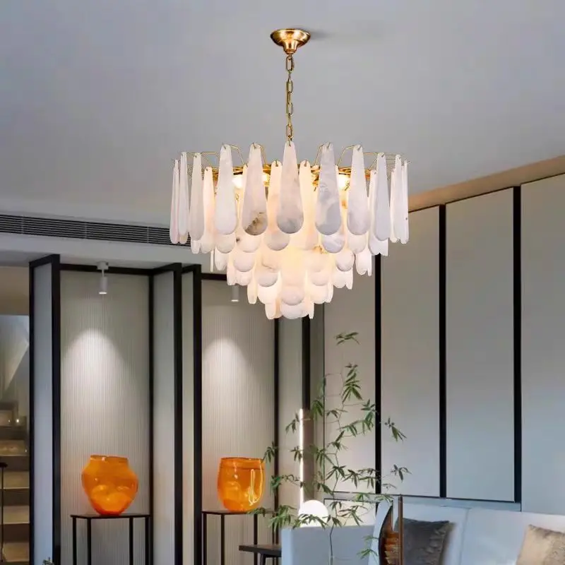 Chinese Style Light Luxury Copper Marble Pendant Lamp Modern Minimalist Villa Living Room Dining Room Bedroom Lighting Fixtures