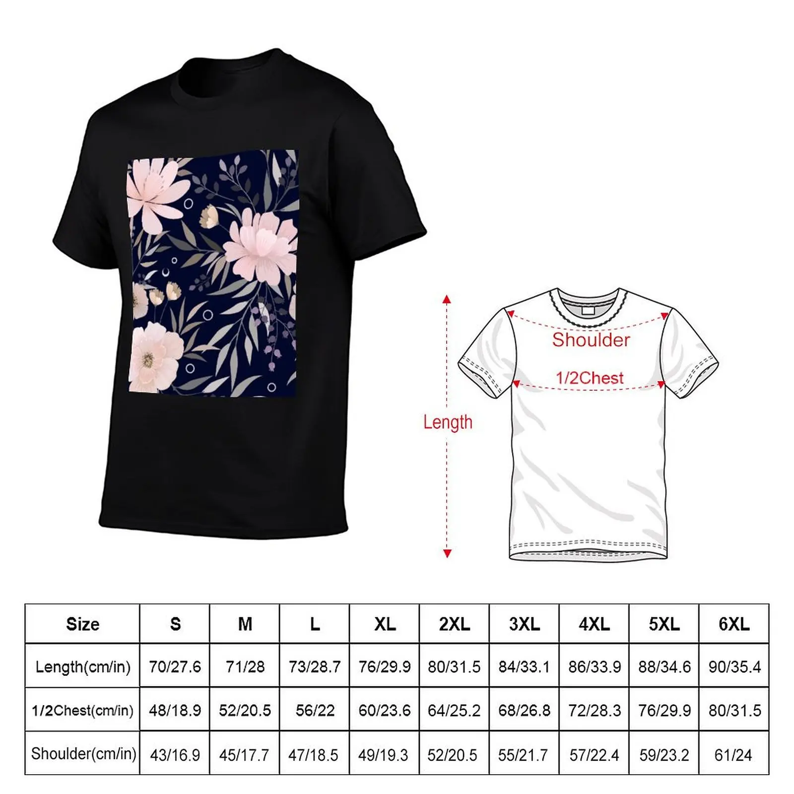 Modern Print Floral, Blush Pink and Navy T-Shirt Classic Basic Casual T-Shirt