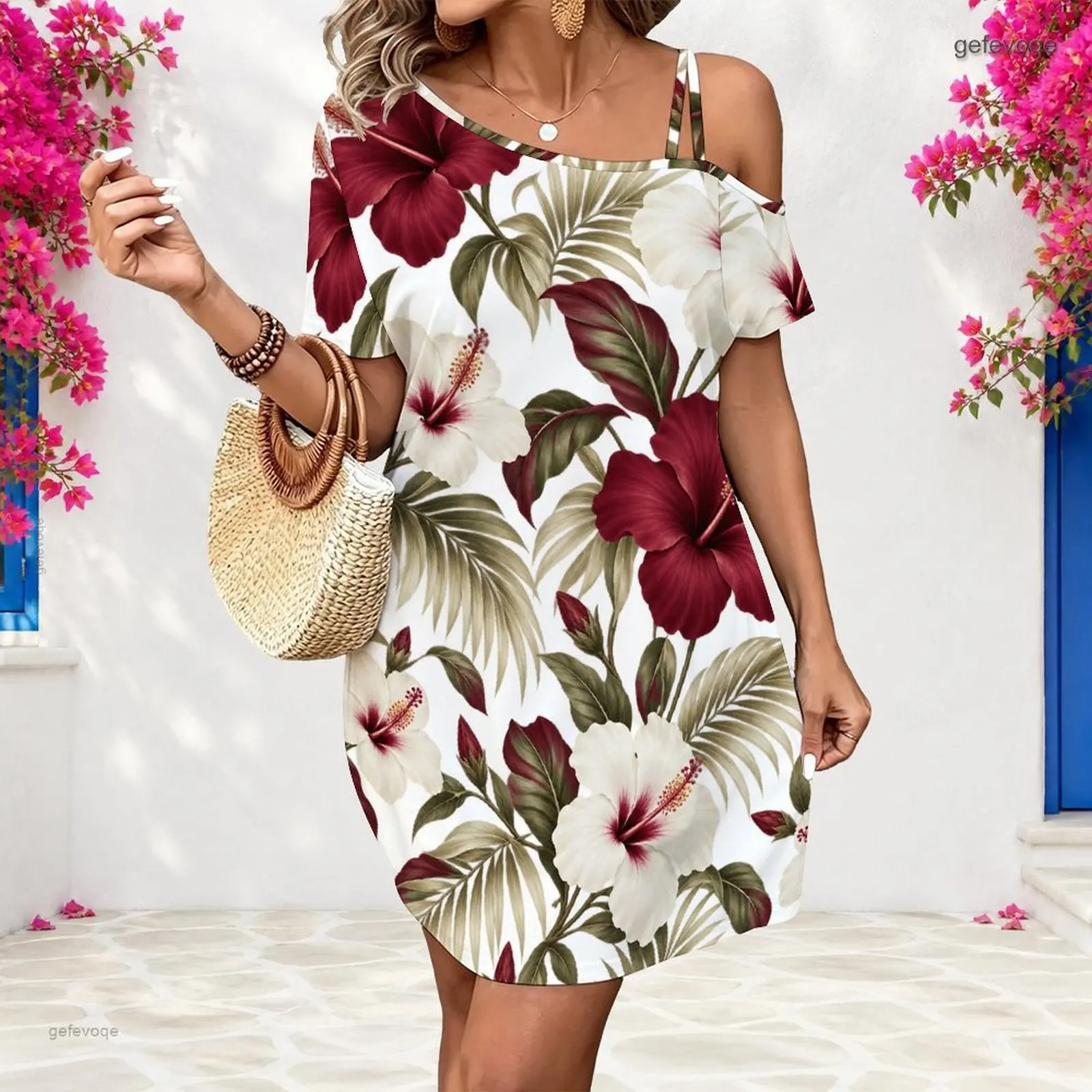 Women Tropical Hibiscus Palm Leaf Print Cold Shoulder Single Strap Short Sleeve Loose Dress