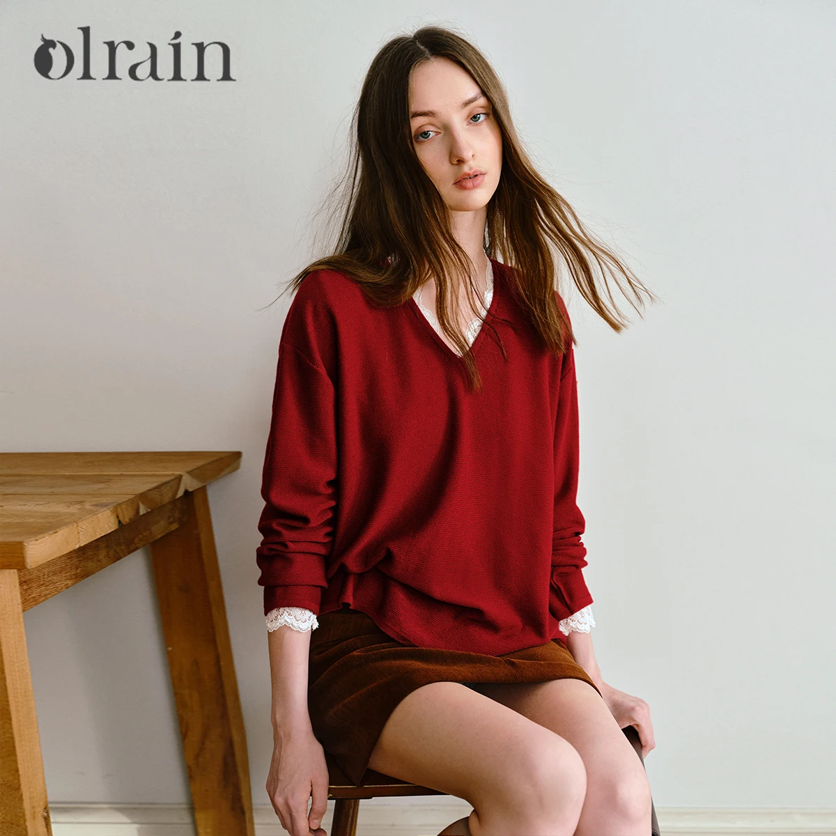 

OLrain Red french Pullover 2025 autumn v-neck knitted sweater Fall Casual long sleeve women's top Clothing for woman O57QZ000235