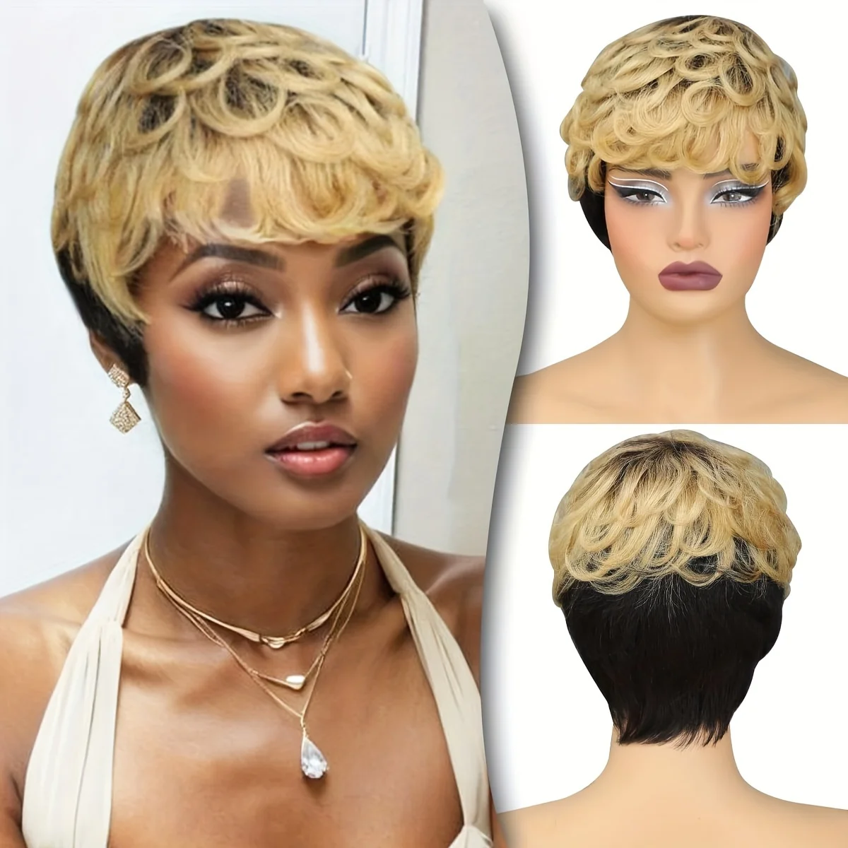 شعر مستعار بشري بقص عابث قصير أسود وأحمر 30 لون مجعد مع غرة، شعر مستعار طبيعي مموج بطبقات كاملة مصنوع آليًا للنساء