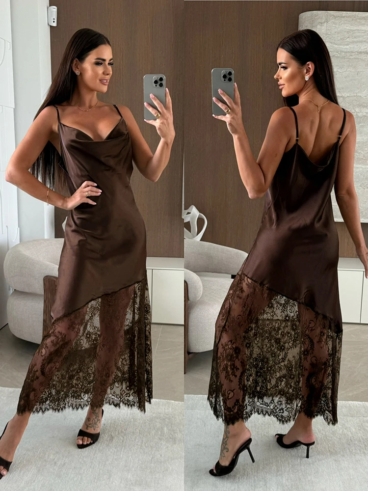 

Tuularose Fashion Lace Long Dress Women's New Sexy V-Neck Lace Satin Patchwork Halter Dress Elegant Luxury Vintage Party Dresses