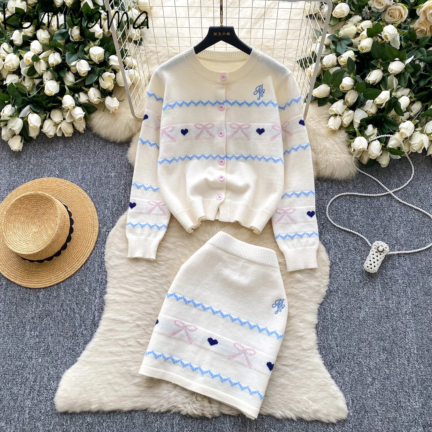 

Stripe Heart Bow Knit Woman 2025 Sets O-neck Long Sleeve Cardigan High Waist Bodycon Skirt Teenage Girls 2 Pieces Set