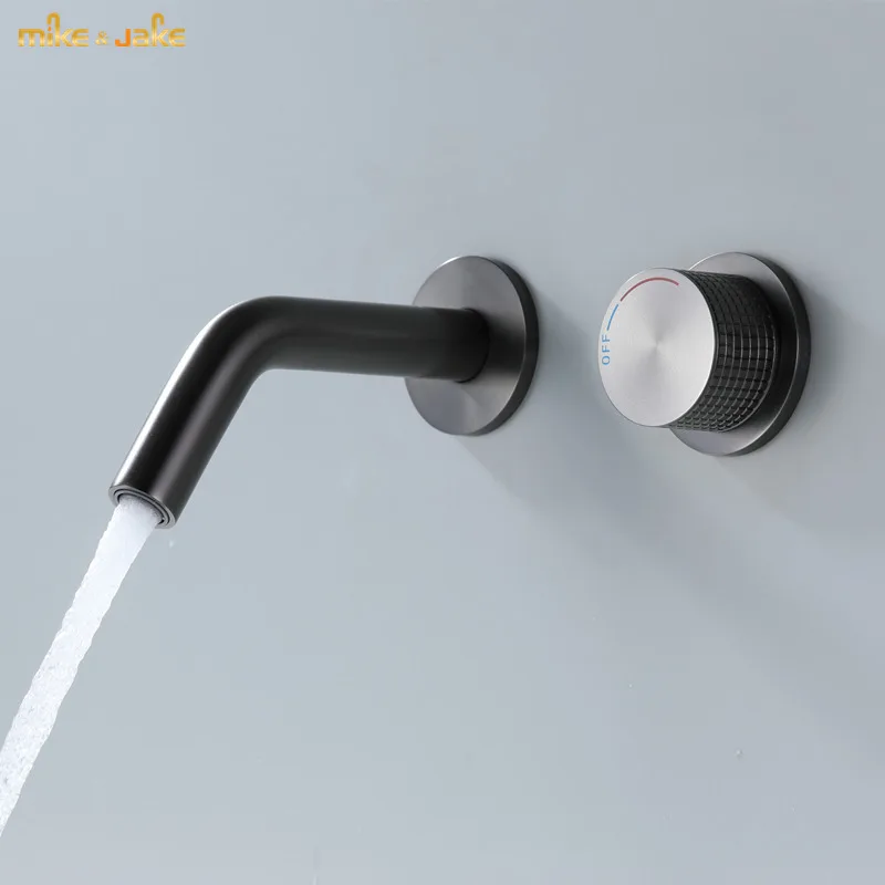 

Gunmetal wallfall basin faucet gun gray embedded wall outlet cold and hot water single handle basin wall in faucet