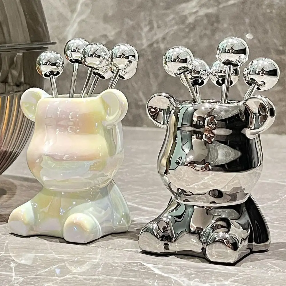 

1SET Light Luxury Fruit Forks Set Small Stainless Steel Dessert Forks With Holder Ceramic Bear Jar For Forks And Spoons