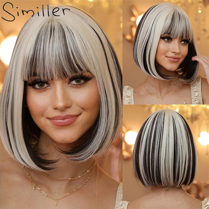 

Similler Short Straight Synthetic Wig for Women Heat Resistance Hair Black White Ombre Bob Wig with Bangs