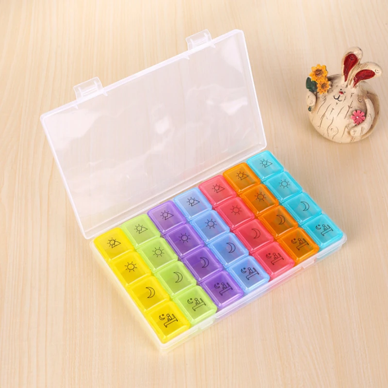 1PCS 4 Row 28 Squares Pillbox Storage Box for Pills Portable Weekly 7 Days Medication Case Pill Container Organizer Plastic Box