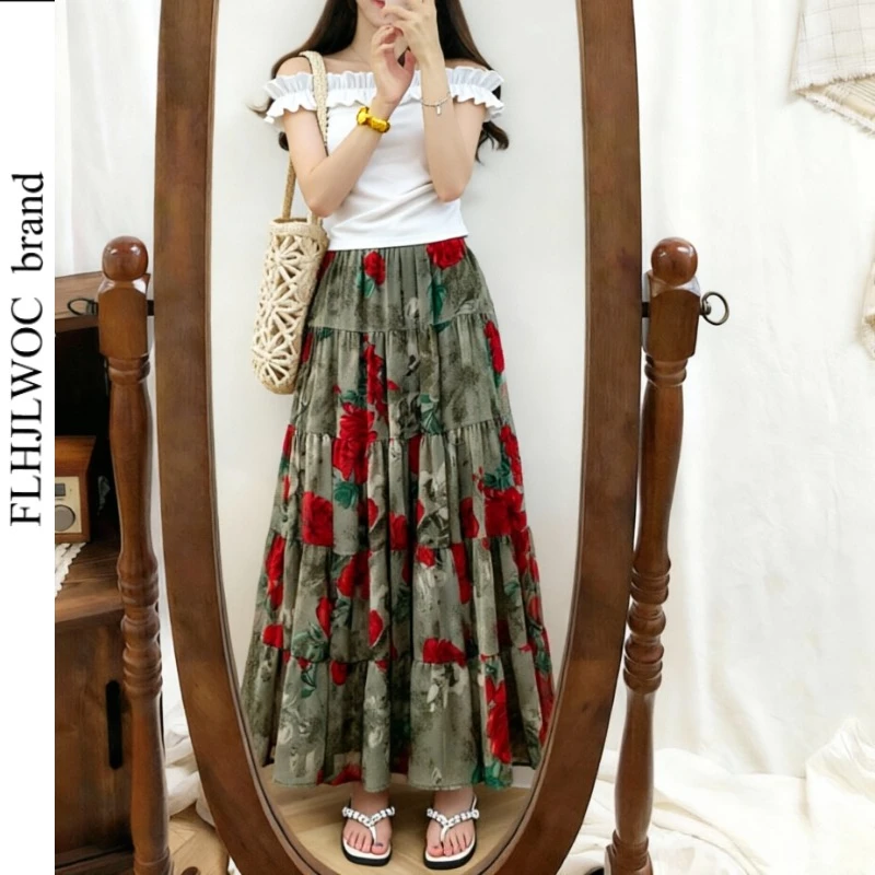 Bohemian Holiday Long Maxi Skirts New 2026 Woman Cute Girls Retro Vintage Summer Flower Floral Print High Waist Layered Skirt