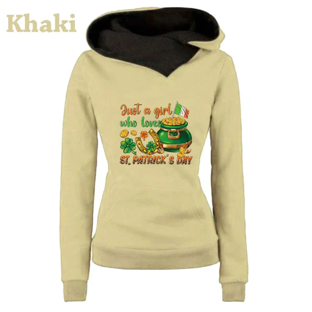 Women Hoodies Long Sleeve Tops Contrast Color Patchwork Saint Patrick Day Cartoon Print Fleece Loose Autumn Winter Female