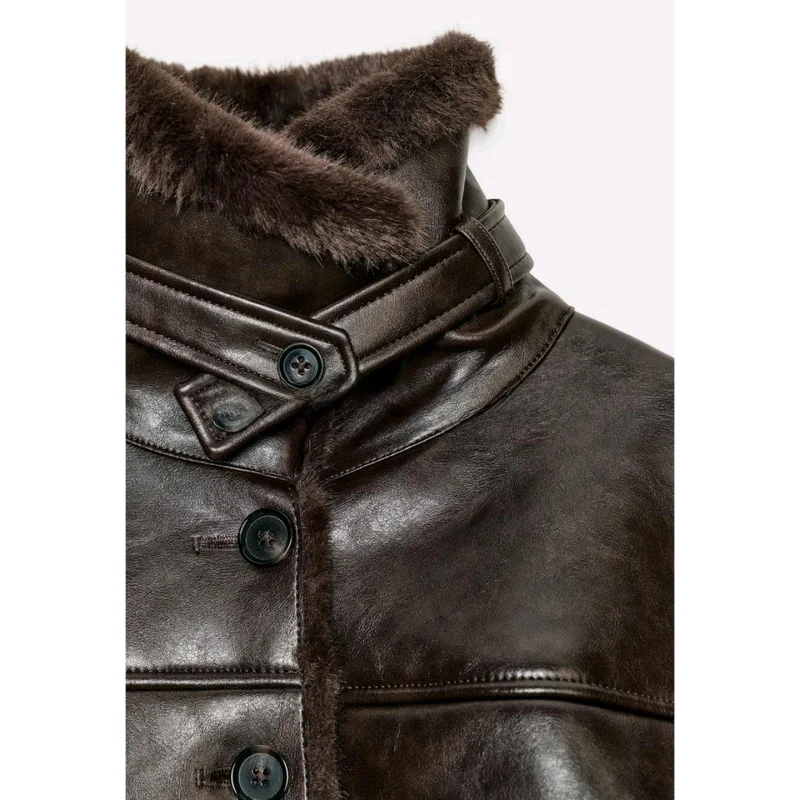 Winter New Casual Long Sve Stand Collar Double Sided Artificial Fur Effect Jaet Coat for Women ort Sle Button Closure
