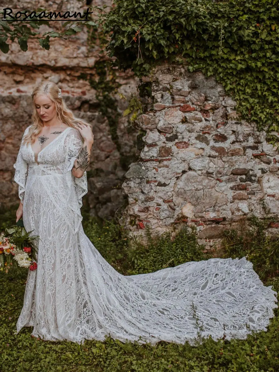 Bohemian V-Neck Batwing Sleeve Mermaid Wedding Dresses Illusion Appliques Lace Boho Country Customized Bridal Gowns