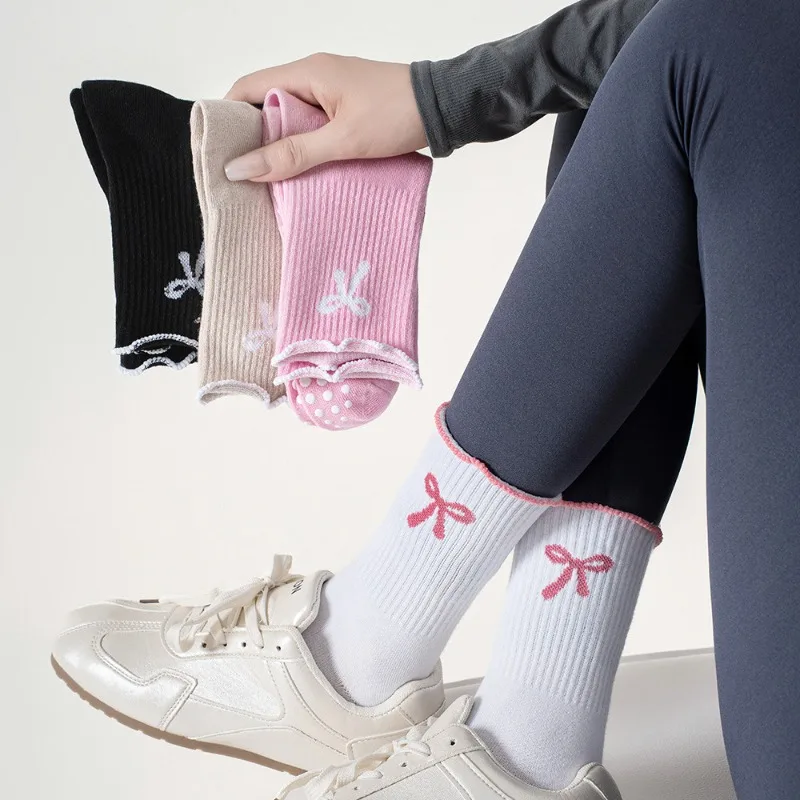Women Cute Bow Print Crew Socks,Soft Cotton Breathable Anti-Slip Casual Socks,Ruffle Trim Mid Calf Socks Daily Wear,Sports,Yoga