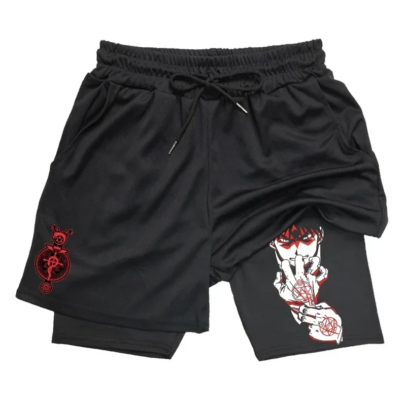 Fitness shorts Man Anime Fullmetal Alchemist Gym Workout Shorts for Men 2 in 1 Compression Shorts Pockets Quick Dry Running