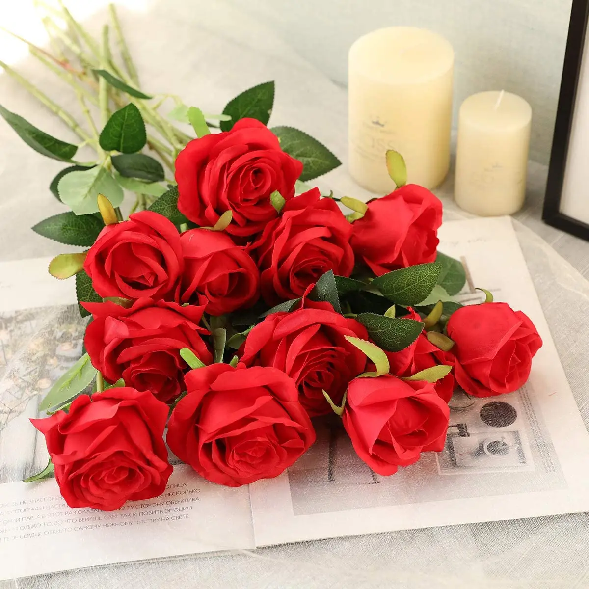 Advance 12Pcs 51CM Artificial Silk Flowers Realistic Roses Bouquet Long Stem for Home Wedding Confession Party Decoration