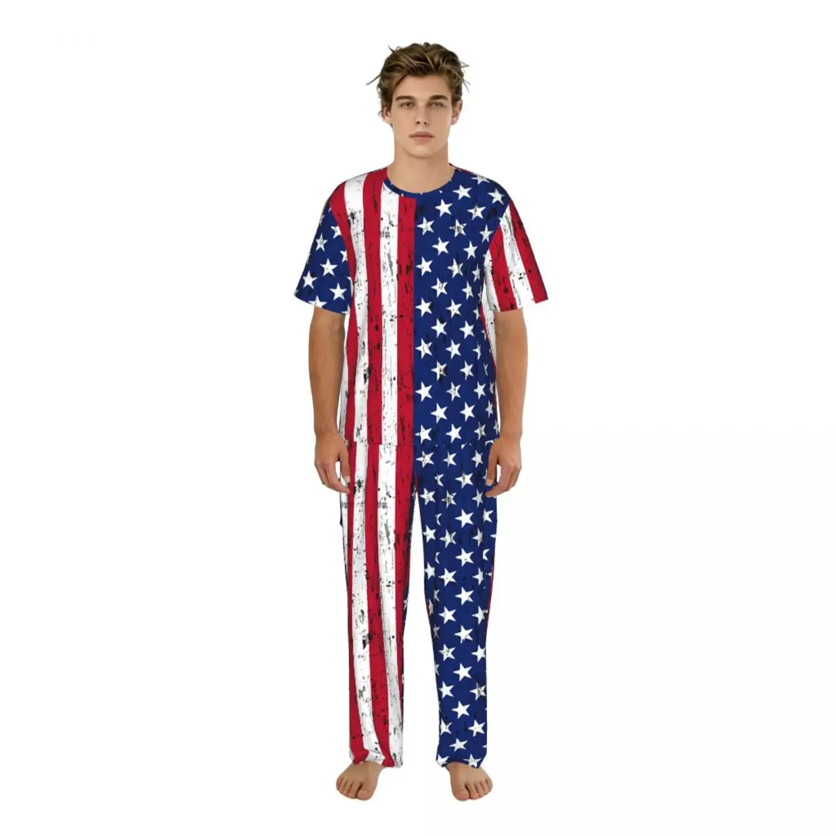 

Sleepwear Summer Spring Home Clothes American Flag Stars Stripes Short Sleeve Long Pant Nightwear