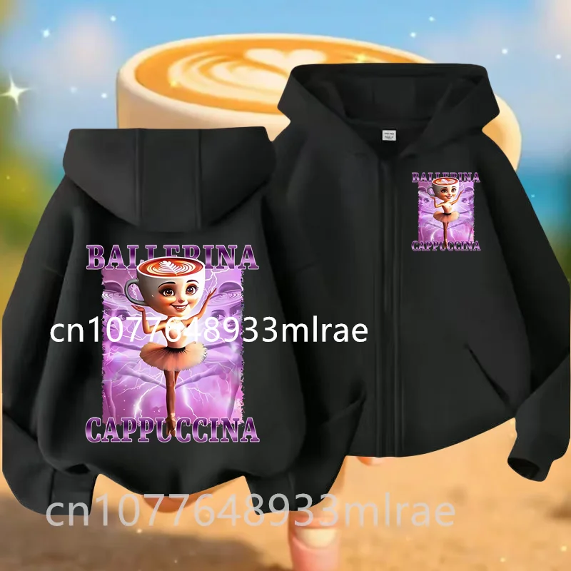 معاطف جاكيت بقلنسوة للأولاد والبنات من Brainrot الإيطالية للاحتفال بعلامة تجارية راقصة الباليه والكابتشينو في الخريف والشتاء