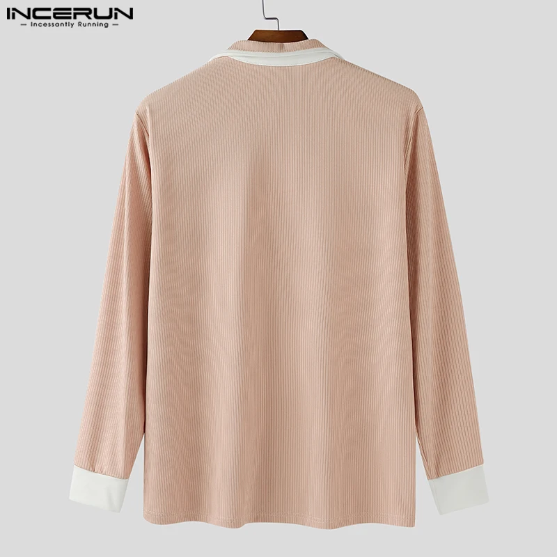 INCERUN Mannen Shirt Patchwork Lente Herfst Revers Lange Mouw Herenkleding Streetwear 2025, Gebreide Mode Casual Tops Mannelijke Shirts