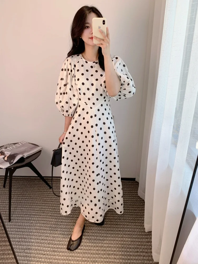 

Летнее женское льняное платье-миди в горошек с длинными рукавами-фонариками, приталенное, повседневное, А-силуэт, с юбкой-трапецией