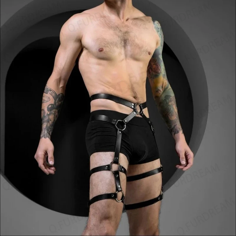 Cinturón de cuero sintético para hombre, lencería de Bondage para el cuerpo, cinturón de pierna, ropa para sexo Gay, Rave, Sissy Club