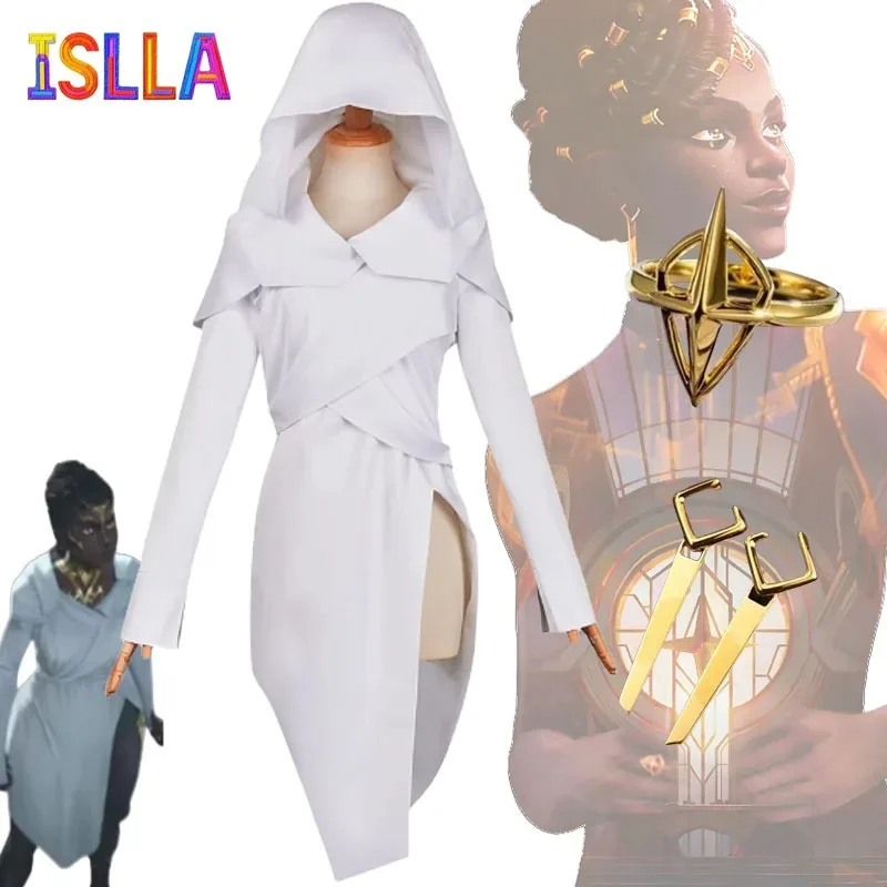 

Anime LOL Arcane Season Mel Cosplay Costume Ring Ear Stud Noxus Mel Medarda Anime Cosplay White slit dress Costume