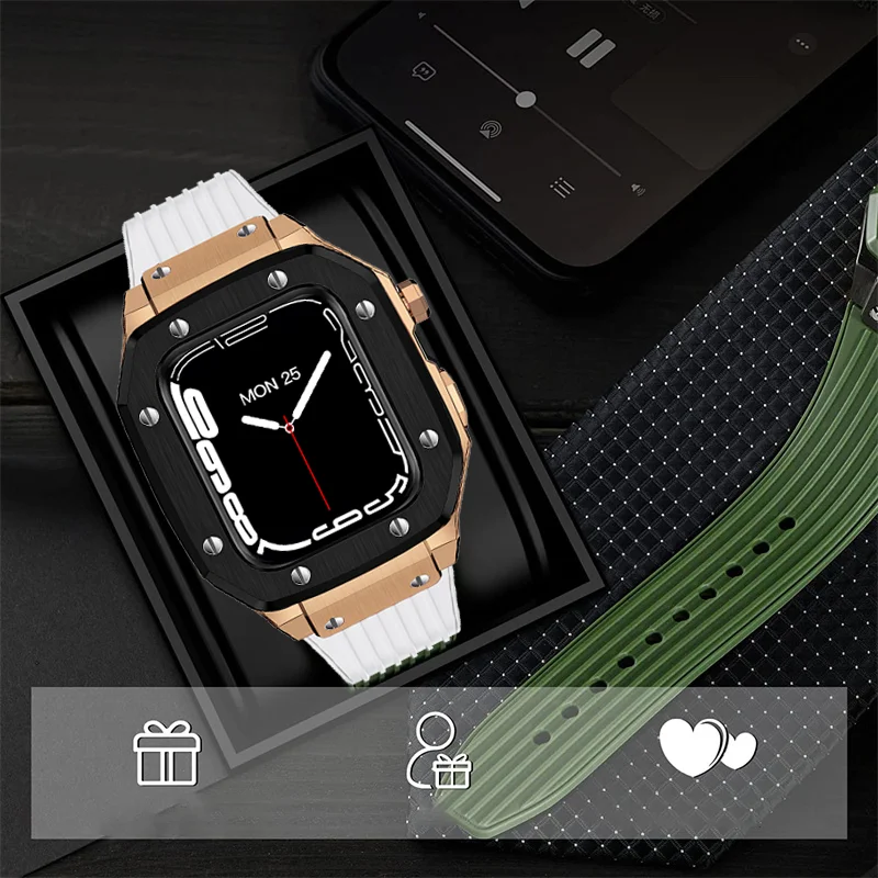 Luxury Modification Case Band for Apple Watch Series 8 7 6 5 4 44mm 45mm Men Rugged Case Silicone Sport Band for iWatch 6/5/4 SE