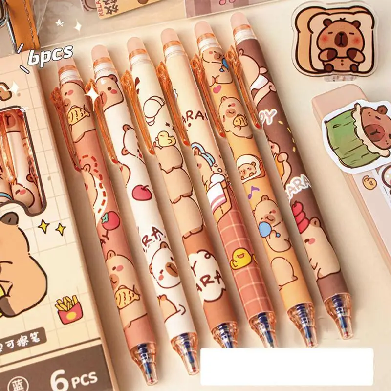 

6 шт., стираемые гелевые ручки Capybara, синие 0,5 мм, набор стираемых ручек с волшебными чернилами, быстросохнущие выдвижные чернильные ручки, школьные и офисные канцелярские принадлежности