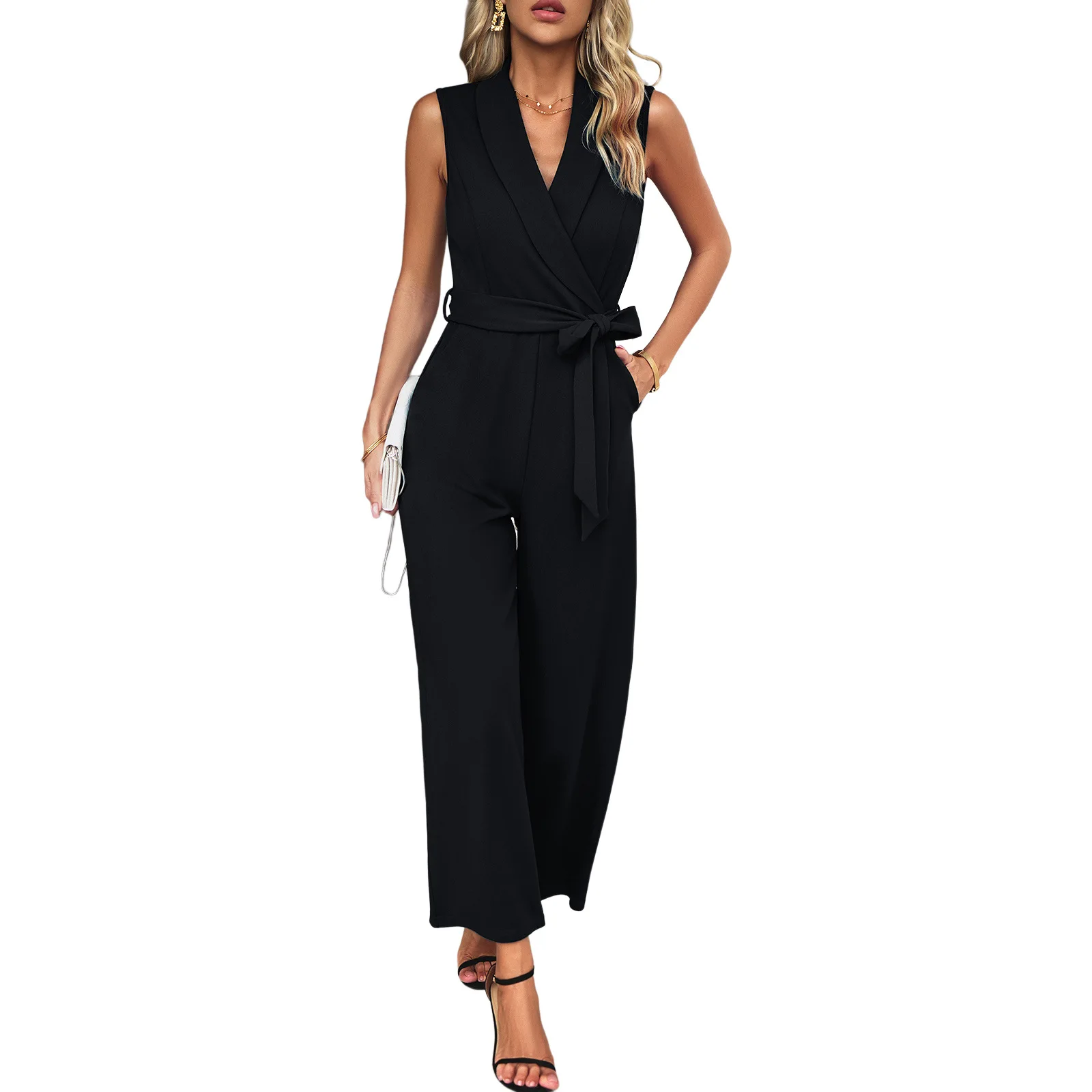 Elegant Summer Long Jumpsuit Women Pants V Neck Wide Leg Solid Color Party Overalls Female Loose Office Lady Work Playsuits