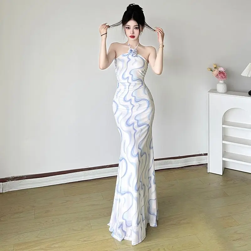 

Rapcopter French Style Elegant Printed 3D Rose Halter Neck Dress Backless Slim Fit Hot Girl Mermaid Long Dress