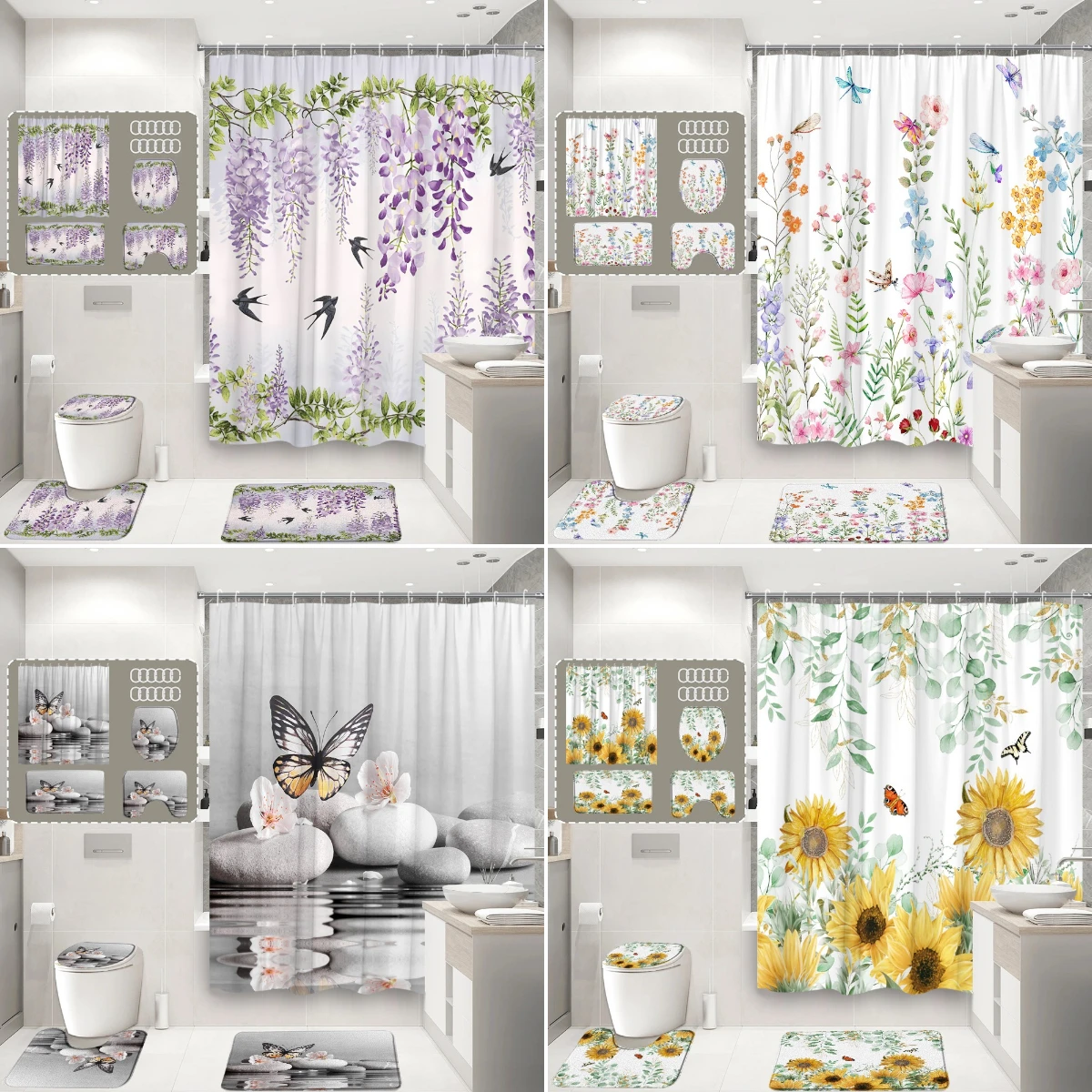 

4Pcs Floral Butterfly Shower Curtain Watercolor Farm Plant Leaf Rustic Farm Sunflower Bathroom Decor Set Toilet Covers Floor Rug