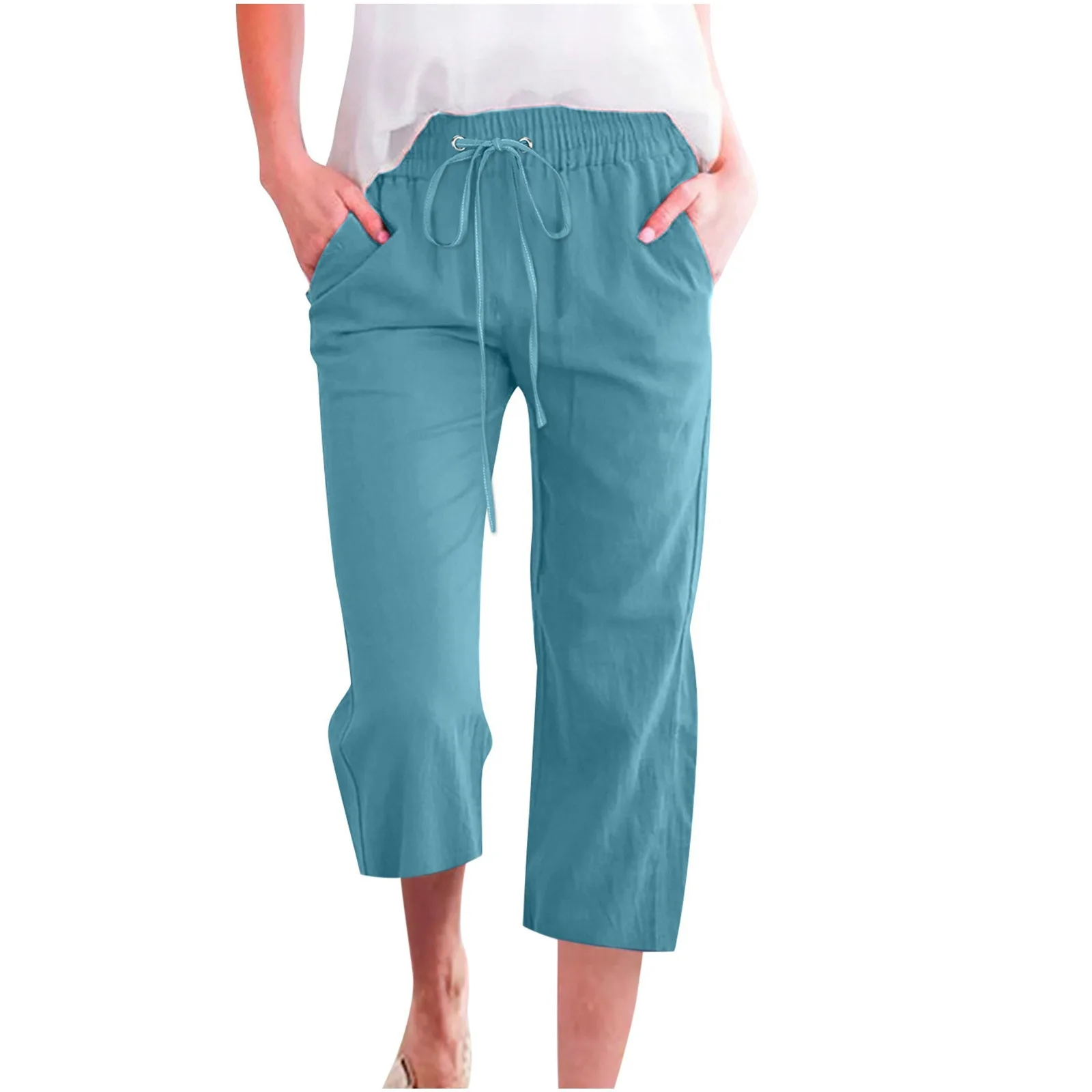 Women's Cotton Linen Capri Pants Summer Cropped Straight Leg Casual Trousers Comfortable Breathable Loose Fit  Color