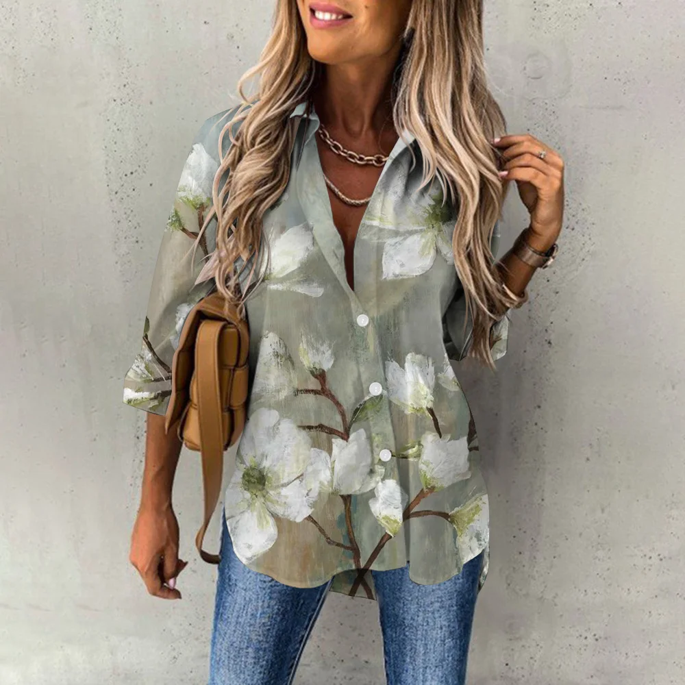 Elegant Women\'s Blouse Oil Painting Floral Printing Long Sleeves Trendy Lapel Button Up Shirts Blusa Mujer Office Daily Tops