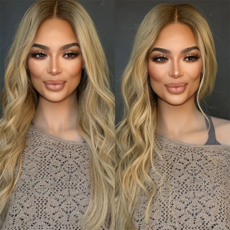 

13x4 Средняя часть Ombre Золотистый блондин Высокое качество Синтетический парик фронта шнурка Балаяж Парик из смеси человеческих волос Синтетический парик для женщин