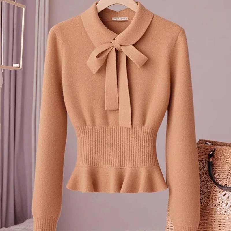 Autumn New Sweet Bow Lace-Up Cashmere Sweater Elegant Office Lady Solid Color Knitted Pullovers Women's Slim Wool Knitwear 762P