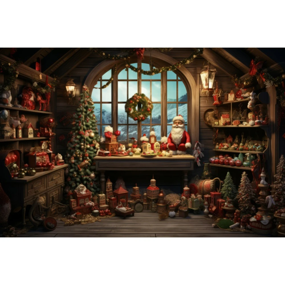 Christmas Backdrops Rustic Wood House Xmas Tree Gifts Santa Claus Warehouse Kids Portrait Photography Backgrounds Photo Studio