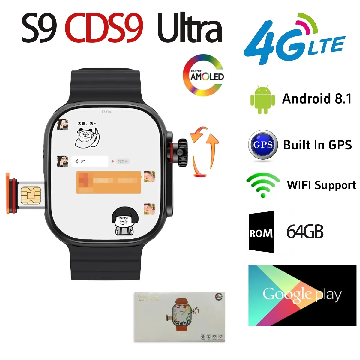 100% Meg nem látott CDS9 S9 Ultra 4G android smare nézni vel Műkődés Butik Rotációs gép camer wifi GPS Szimuláció rty 2.2 hüvelykes amoled smartwatch