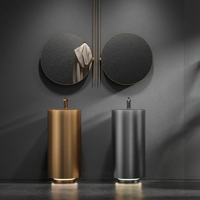 

Gold stainless steel column style washbasin bar integrated washbasin hotel floor standing circular column basin