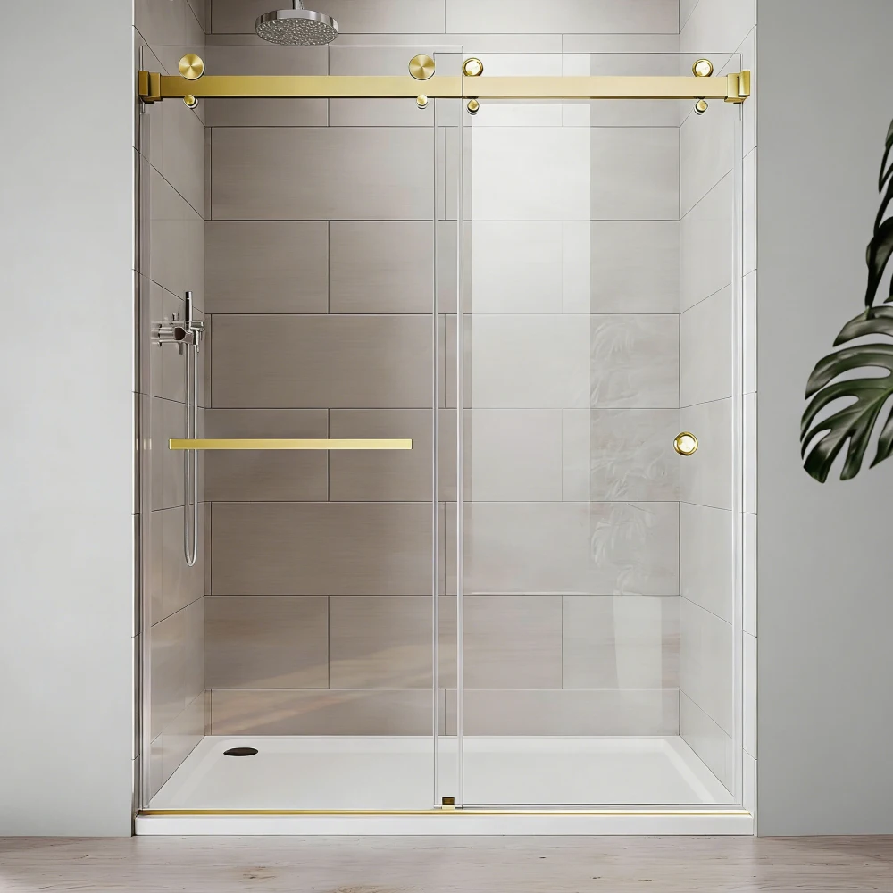 

55-59"Wx72"H Frameless Double Sliding Shower Door,304 Brushed Gold Stainless Steel,8mm SGCC Tempered Glass,Nano Coating,Round Ha