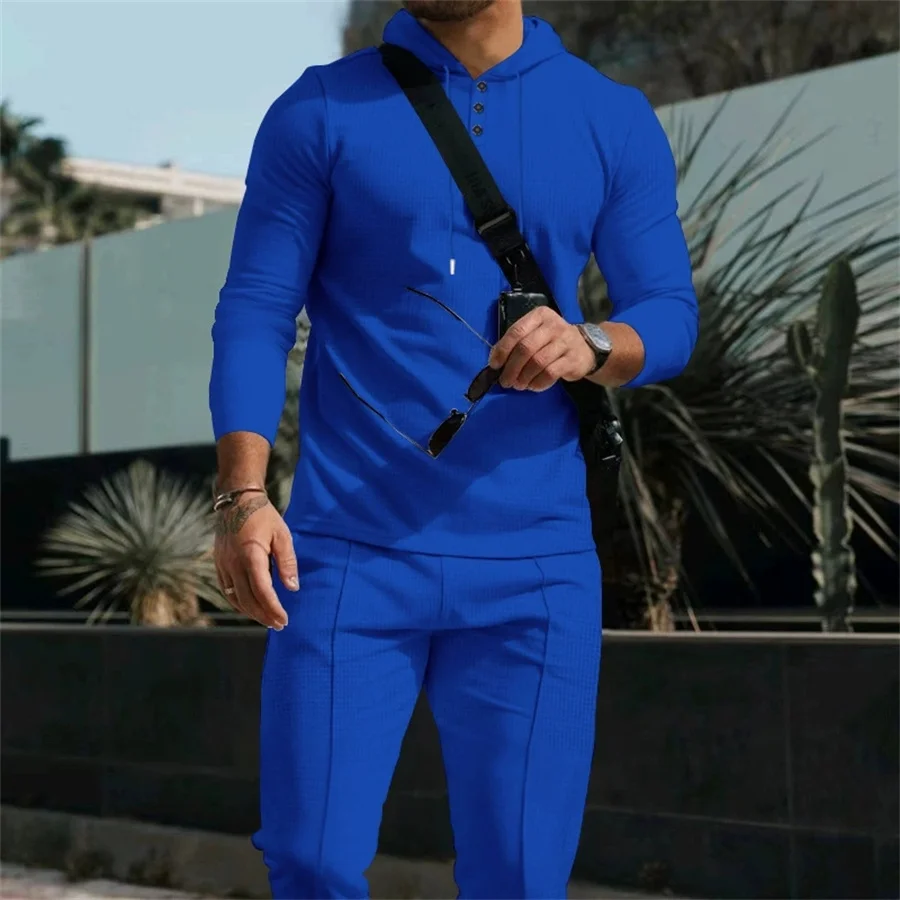 

2026 New Casual 2 Pieces Sets Men Long Sleeve Hoodie and Pants Outfits Men's Spring Autum Hooded Sports Suit Waffle Streetwear