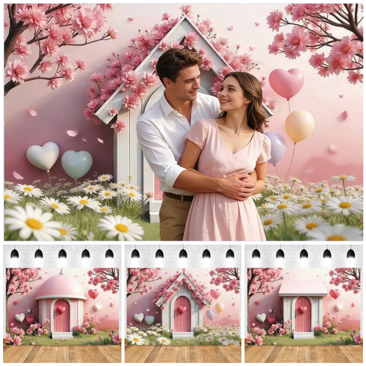 

Весенний фон на День святого Валентина, розовый дом, вишневый цветок, дерево, любовь, воздушные шары, декор, свадебный душ, свадебная вечеринка, портретный фон