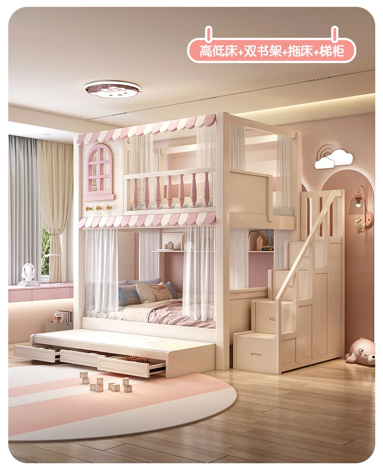 Beliche rosa para cima e para baixo infantil, cama de menina, apartamento pequeno