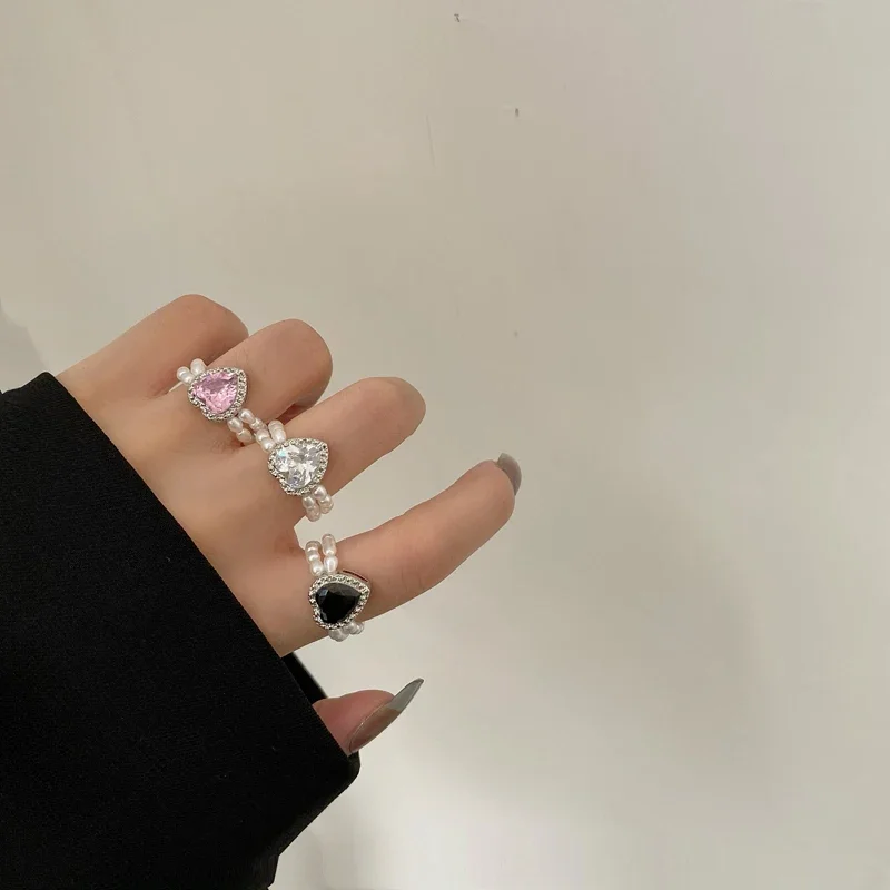 Korean Crystal Aesthetic Beaded Ring Fashion Love Heart Pearl Rings for Women Band Stretched Lovely Wedding Rings Sweet Jewelry