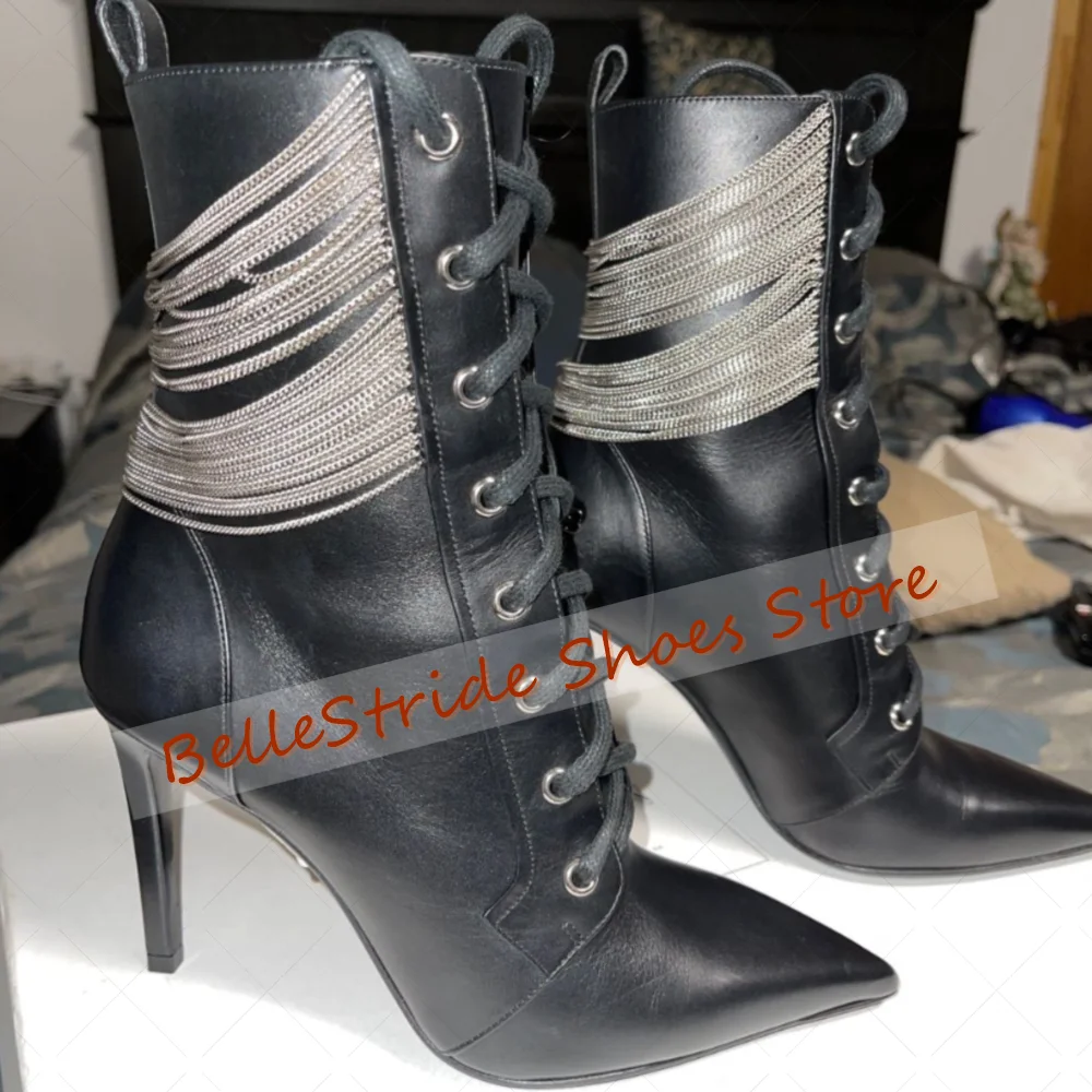 

Black Lace up Pointed Toe Boots Chain Decor Matte Leather Women Shoes Thin High Heels Party Banquet Dating 2025 Zapatos Para Muj