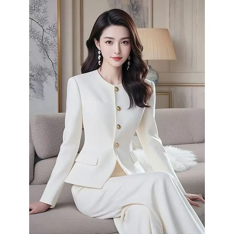 Autumn New Elegant Office Lady OL White Suit Women's Formal Outfits Luxury Pearl Buttons Jacket + High Waist Pants 2-Piece Set